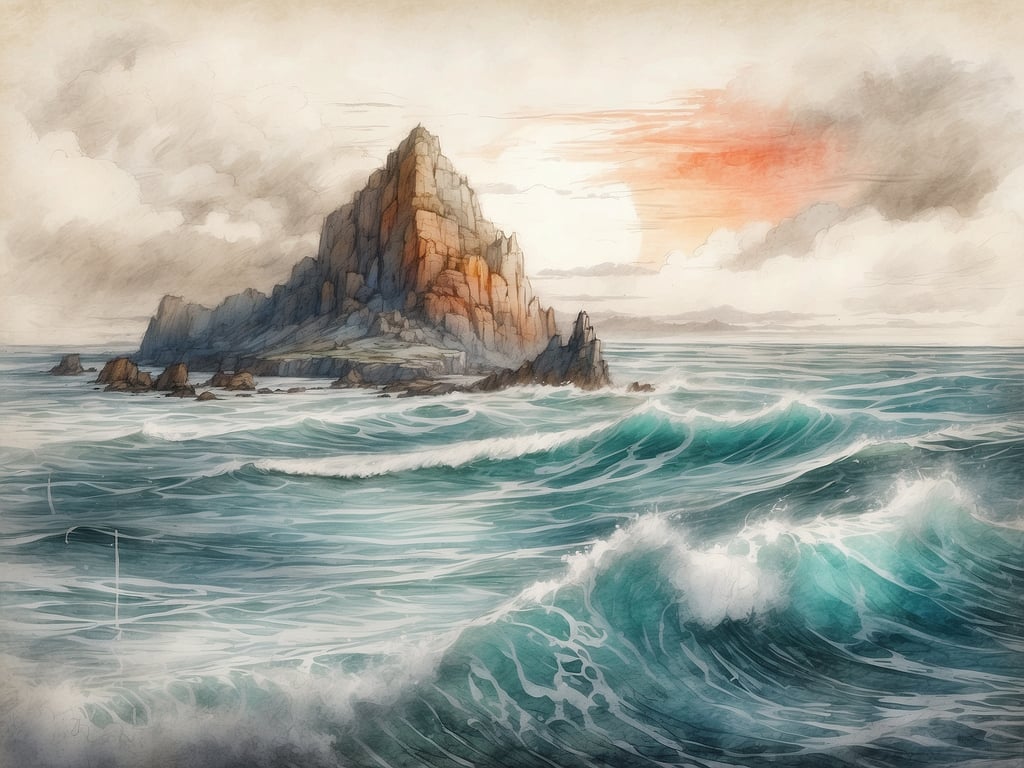 Auf dem Bild ist eine malerische Küstenlandschaft mit einer felsigen Insel zu sehen, umgeben von bewegten Wellen und einem bewölkten Himmel. Die Farben sind sanft und vermitteln eine ruhige Stimmung. 

Wie tief ist die Nordsee? Die Nordsee hat eine durchschnittliche Tiefe von etwa 94 Metern, wobei es Stellen gibt, die bis zu 700 Meter tief sind.