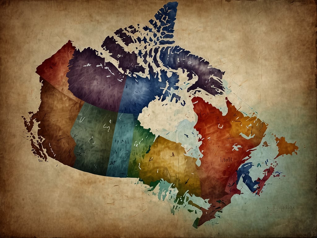 Auf dem Bild ist eine künstlerische Karte von Kanada zu sehen, die in verschiedene farbige Regionen unterteilt ist, die die einzelnen Provinzen und Territorien repräsentieren. 

Wie viel Uhr ist es in Kanada? Die Uhrzeit variiert je nach Provinz und Zeitzone. Kanada hat mehrere Zeitzonen, darunter Pacific, Mountain, Central, Eastern und Atlantic Time. Daher kann die Uhrzeit zwischen den Regionen unterschiedlich sein.