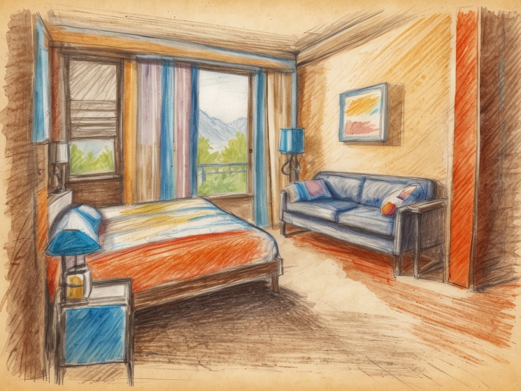 Auf dem Bild ist ein skizzenhaftes Interieur eines Zimmers zu sehen. Es zeigt ein Bett mit bunter Bettwäsche, einen Nachttisch mit einer Lampe, ein Sofa und große Fenster, die auf eine grüne Landschaft blicken. Die Wände sind in warmen Farben gehalten.

Wie viel Urlaub bei 1-Tage-Woche? In Deutschland beträgt der gesetzliche Mindesturlaub 20 Tage pro Jahr bei einer 5-Tage-Woche. Bei einer 1-Tage-Woche wären das 4 Urlaubstage pro Jahr.