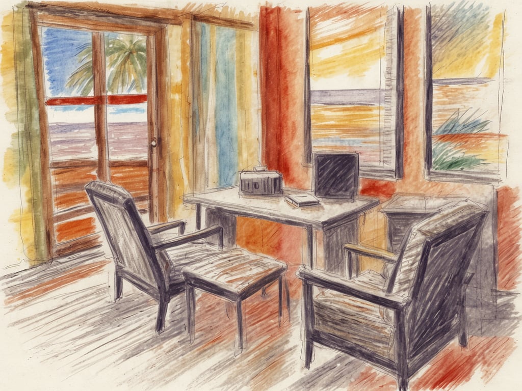 Auf dem Bild ist eine farbenfrohe Innenansicht eines Raumes zu sehen, der mit zwei Stühlen, einem Tisch und einem Computer ausgestattet ist. Große Fenster ermöglichen einen Blick auf eine palmengesäumte Küste, was eine entspannende Atmosphäre schafft. 

Was den Urlaub bei einer 2-Tage-Woche betrifft: Bei einer typischen Regel von 24 Tagen Jahresurlaub wären das umgerechnet etwa 12 Tage Urlaub, da man von einer 5-Tage-Woche ausgeht. Bei einer 2-Tage-Woche könnten die Urlaubstage anders berechnet werden, je nach den betrieblichen Vereinbarungen.
