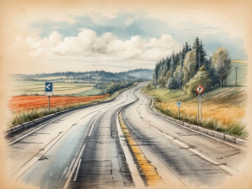 Auf dem Bild ist eine kurvenreiche Straße in einer ländlichen Umgebung zu sehen, umgeben von Feldern und Bäumen. Es gibt Verkehrsschilder, die auf eine bevorstehende Kurve hinweisen. 

Wie viele Autobahnkreuze gibt es in Deutschland? In Deutschland gibt es über 200 Autobahnkreuze.