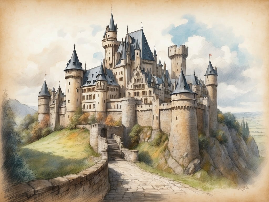 Auf dem Bild ist eine beeindruckende Burg zu sehen, die auf einem Hügel steht und viele Türme sowie eine steinerne Mauer hat. Die Architektur ist detailreich und könnte an die mittelalterlichen Burgen in Deutschland erinnern. 

Wie viele Burgen gibt es in Deutschland? Es gibt schätzungsweise über 20.000 Burgen und Schlösser in Deutschland, die oft historische Bedeutung haben und touristische Ziele sind.