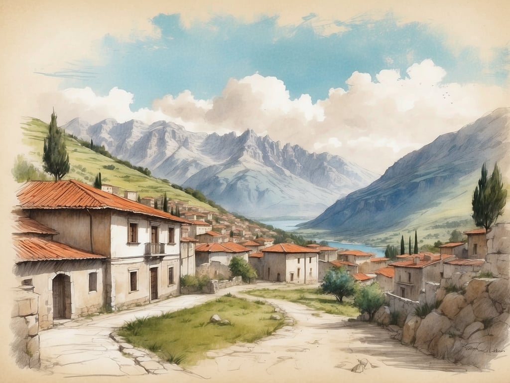 Auf dem Bild ist eine malerische Landschaft mit einem kleinen Dorf zu sehen, das von Bergen und grünen Hügeln umgeben ist. Die Gebäude haben rote Dächer und sind harmonisch in die natürliche Umgebung integriert. 

Um auf deine Frage zu antworten: Albanien hat etwa 2,8 Millionen Einwohner.