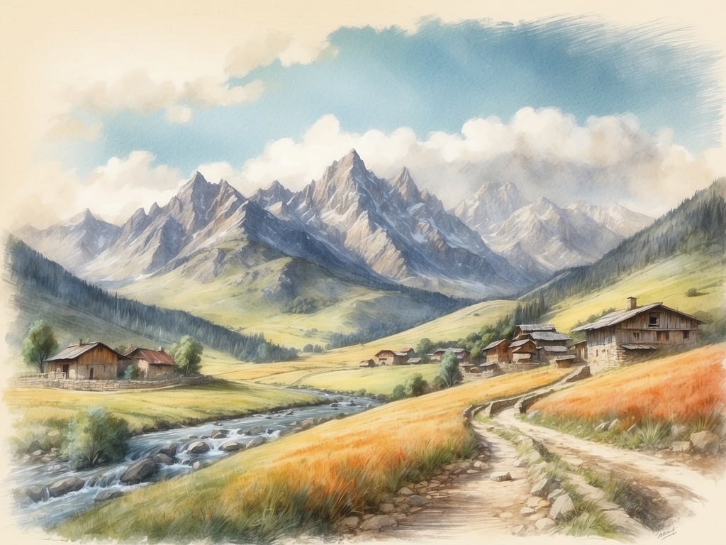 Auf dem Bild ist eine malerische Landschaft zu sehen, die von Bergen umgeben ist. Im Vordergrund gibt es einen Weg, der durch grüne Wiesen und orangefarbene Felder führt. Am Rand des Bildes stehen mehrere Hütten, und ein kleiner Fluss fließt durch die Szene.

Wie viele Einwohner hat Andorra? Andorra hat etwa 77.000 Einwohner.