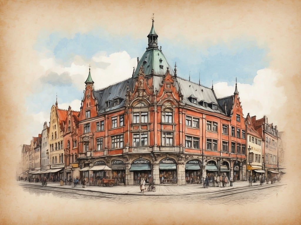 Auf dem Bild ist ein historisches Gebäude zu sehen, das eine charakteristische Architektur aufweist, vermutlich aus einer früheren Epoche. Die Fassade ist rot und es gibt dekorative Elemente sowie spitze Türme. Es scheint eine belebte Straße mit Passanten und Geschäften im Vordergrund zu geben. 

Wie viele Einwohner hat Bremen? Bremen hat etwa 570.000 Einwohner.