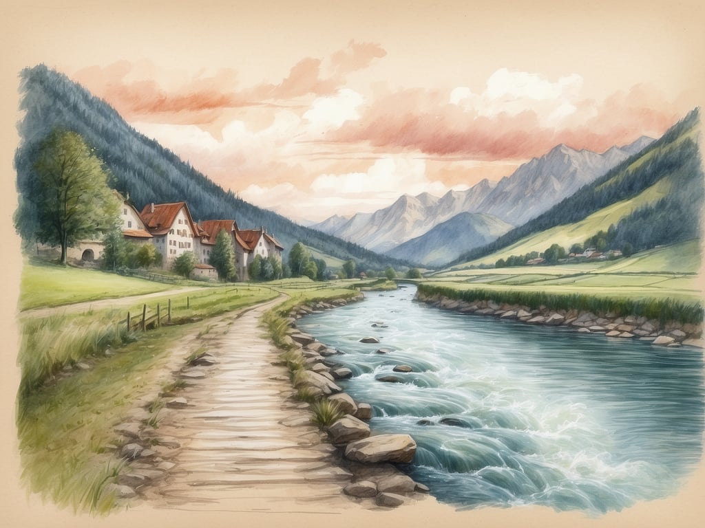 Auf dem Bild ist eine malerische Landschaft zu sehen, die von Bergen umgeben ist. Ein Fluss fließt durch das Bild, daneben verläuft ein Weg, und es sind einige Gebäude und Bäume in der Nähe. 

In Deutschland gibt es über 200.000 Flüsse und Bäche, wobei die wichtigsten Flüsse wie der Rhein, die Donau und die Elbe besonders hervorzuheben sind.