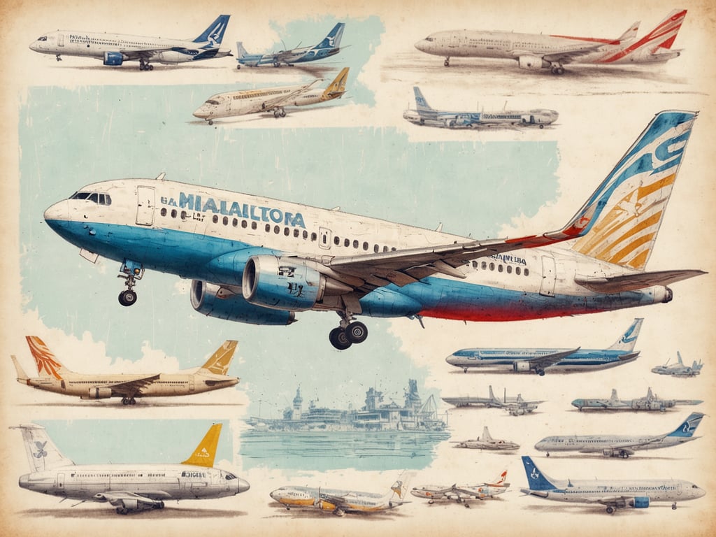 Auf dem Bild sind verschiedene Flugzeuge zu sehen, darunter ein Flugzeug der Fluggesellschaft Mialaltora, das in der Mitte abgebildet ist, sowie mehrere andere Flugzeuge, die in einer künstlerischen Anordnung dargestellt sind. 

Wie viele Flughäfen hat Mallorca? Mallorca hat einen Hauptflughafen, den Flughafen Palma de Mallorca (PMI), der der einzige internationale Flughafen der Insel ist.