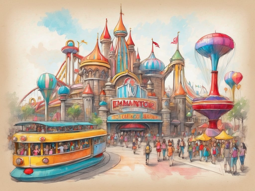 Auf dem Bild ist eine fantasievolle Freizeitpark-Szene mit einem bunten Eingang, einem Fahrgeschäft und vielen Menschen zu sehen. 

Wie viele Freizeitparks gibt es in Deutschland? In Deutschland gibt es über 100 Freizeitparks, darunter weltbekannte wie den Europa-Park und das Phantasialand.