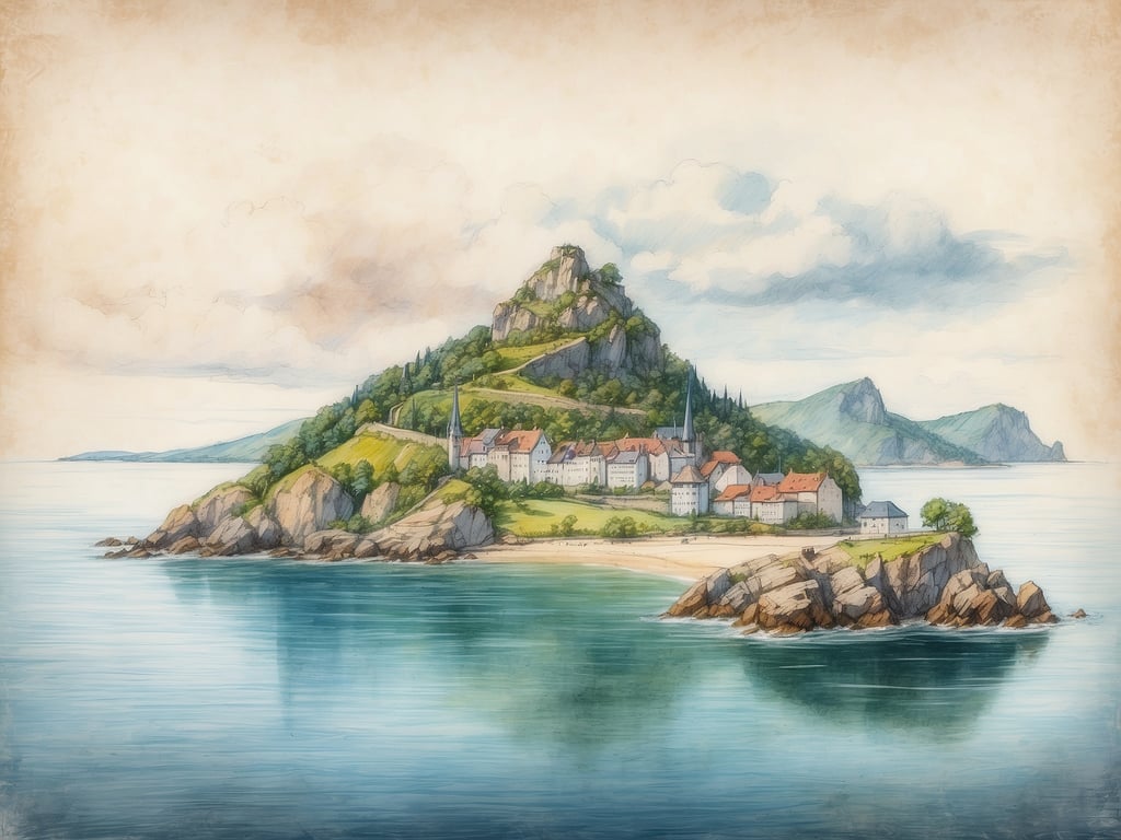 Auf dem Bild ist eine malerische Insel zu sehen, die von Wasser umgeben ist. Sie zeigt eine kleine Siedlung mit Gebäuden und einem kirchlichen Turm, umgeben von einer grünen Landschaft und Steinformationen.

Wie viele Inseln hat Deutschland? Deutschland hat über 2.000 Inseln, wobei die größte Insel Rügen ist.