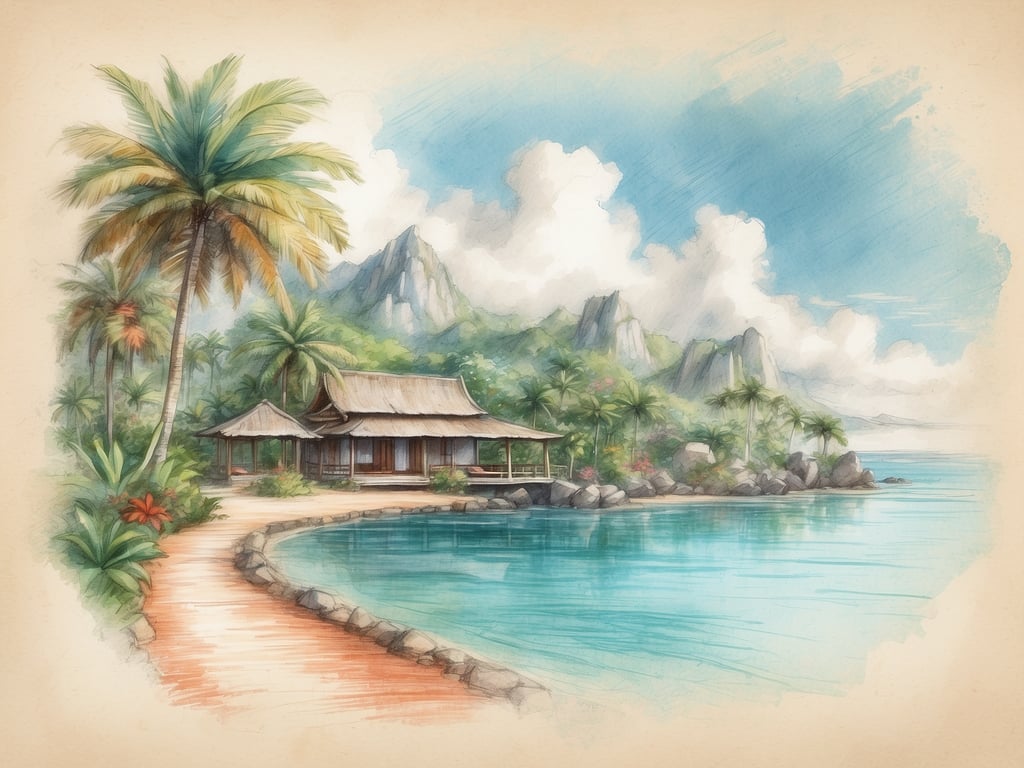 Das Bild zeigt eine malerische Landschaft mit einem Haus am Wasser, umgeben von Palmen und Bergen. Die Szenerie vermittelt ein tropisches Gefühl und erinnert an eine paradiesische Umgebung.

Die Malediven bestehen aus etwa 1.190 Inseln, die über 26 Atolle verteilt sind.