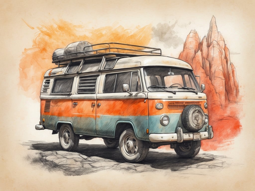 Auf dem Bild ist ein bunter VW-Bus zu sehen, der auf einer felsigen Straße parkt. Im Hintergrund sind mehrere beeindruckende Felsen oder Berge zu erkennen, die das Bild vervollständigen.

Für einen Roadtrip sind idealerweise etwa 400 bis 600 Kilometer pro Tag empfehlenswert. Dies ermöglicht es, die Landschaft zu genießen und regelmäßig Pausen einzulegen.