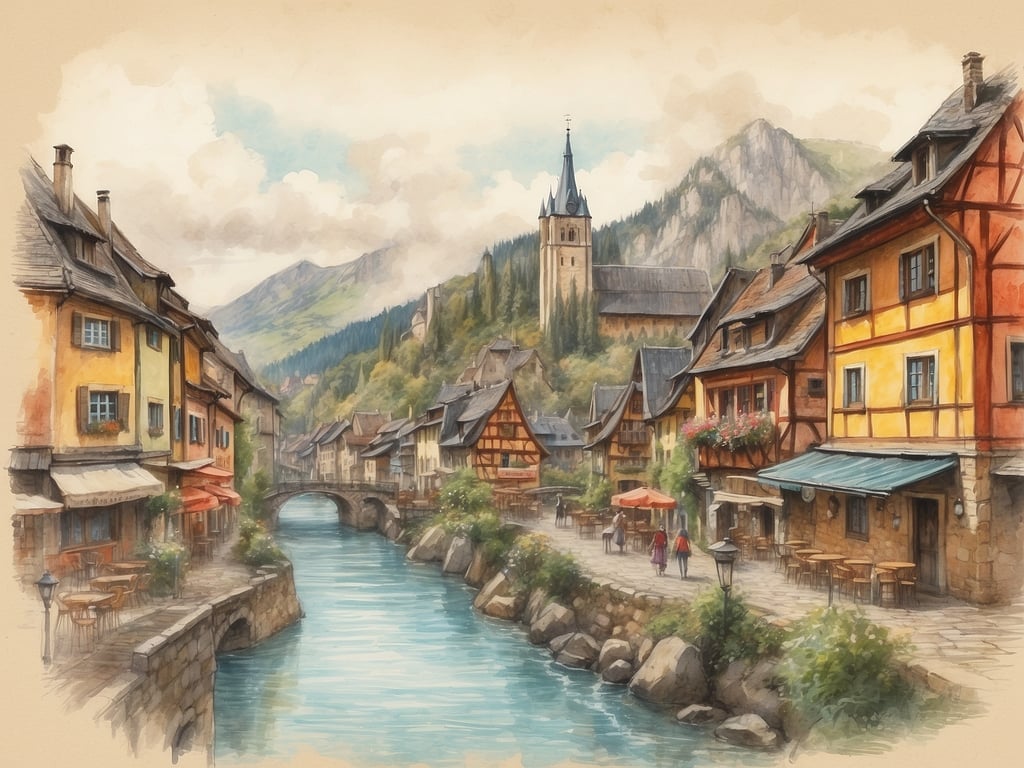 Auf dem Bild ist eine malerische Ansicht eines kleinen Dorfes oder einer Stadt zu sehen, mit charakteristischen Fachwerkhäusern in verschiedenen Farben, einem Fluss, der durch die Stadt fließt, und einer Brücke. Im Hintergrund erheben sich Berge und es ist eine Kirche mit einem hohen Turm sichtbar.

Deutschland grenzt an neun Länder: Dänemark, Polen, Tschechische Republik, Österreich, Schweiz, Frankreich, Luxemburg, Belgien und die Niederlande.