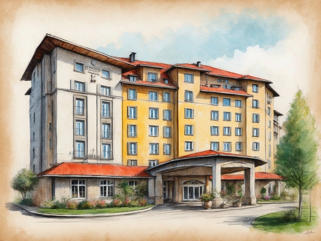 Auf dem Bild ist ein Hotelgebäude zu sehen, das im Stil einer Zeichnung oder Aquarellmalerei dargestellt ist. Es hat mehrere Etagen und eine auffällige Fassade in gelb und rot, mit einem überdachten Eingangsbereich.

In Deutschland gibt es insgesamt 30 Leonardo Hotels.