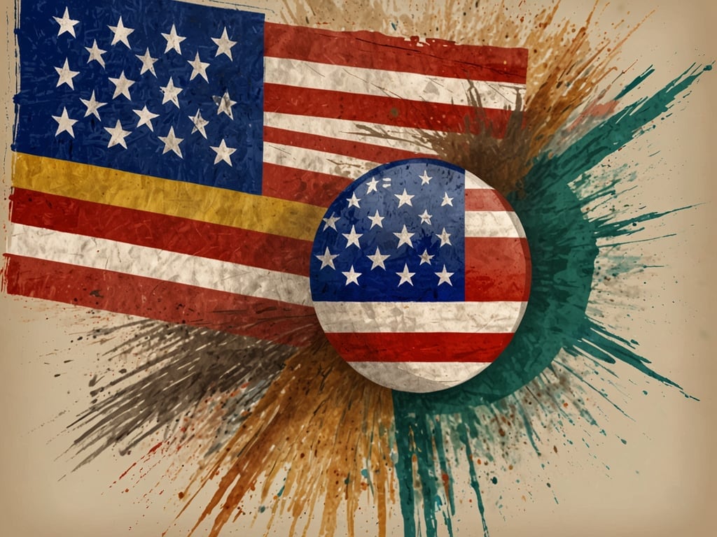 Auf dem Bild sind stilisierte Darstellungen der Flagge der Vereinigten Staaten zu sehen. Es gibt eine große amerikanische Flagge im Hintergrund und eine runde Variante im Vordergrund. Die Farben und das Design sind künstlerisch angeordnet.

In den USA gibt es im Wesentlichen zwei dominierende Parteien: die Demokratische Partei und die Republikanische Partei. Es gibt jedoch auch andere kleinere Parteien.