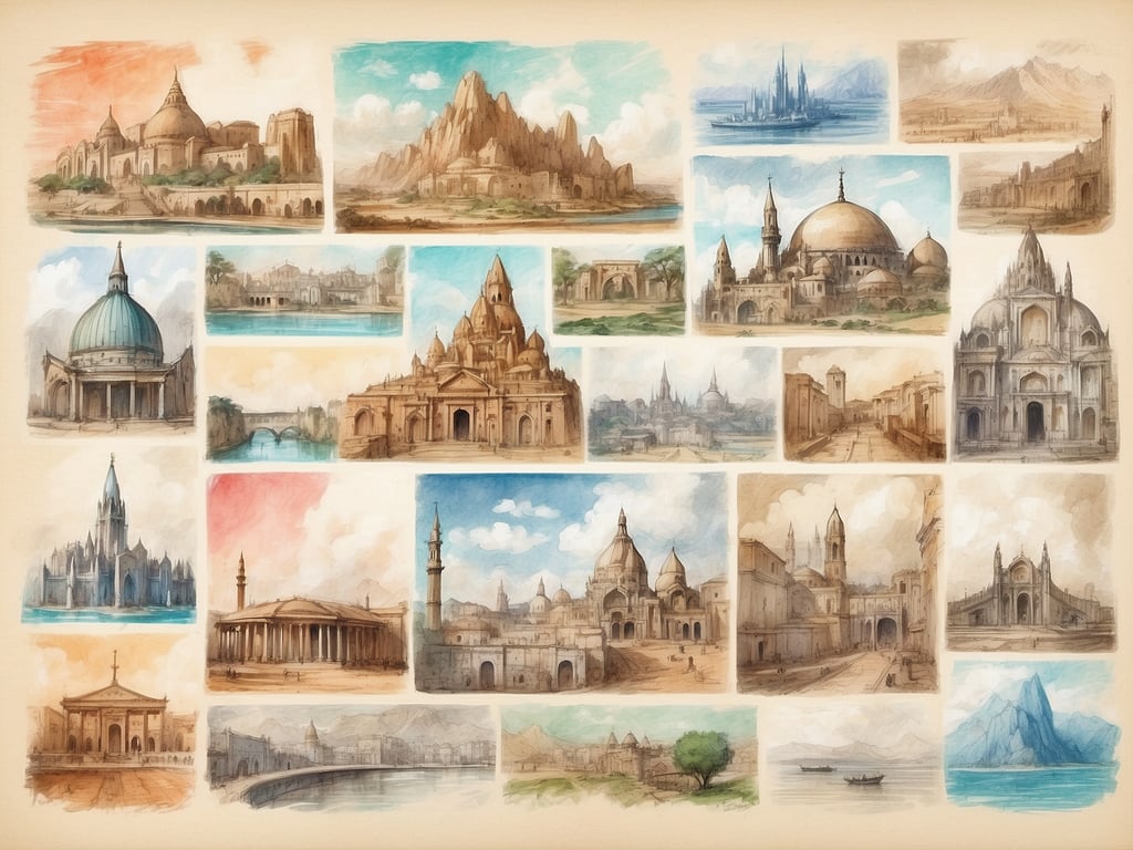 Auf dem Bild sind verschiedene architektonische Sehenswürdigkeiten und Landschaften zu sehen, die in einem künstlerischen Stil dargestellt sind. Die Szenen wirken vielfältig und könnten aus unterschiedlichen Regionen stammen.

Italien hat 20 Regionen.