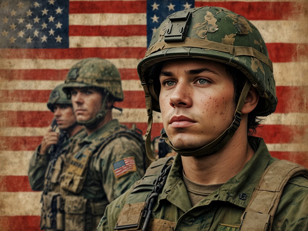 Auf dem Bild sind drei Soldaten zu sehen, die vor einer amerikanischen Flagge stehen. Die Soldaten tragen militärische Uniformen und Helme. 

Die Frage 