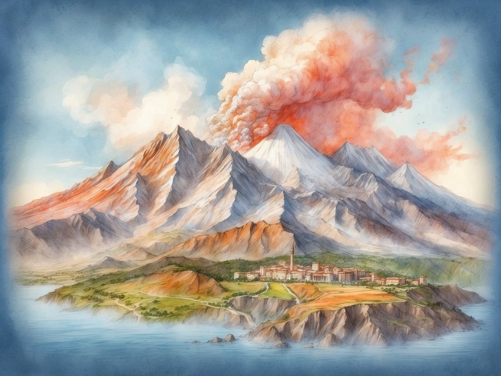Auf dem Bild ist eine vulkanische Landschaft mit einem aktiv rauchenden Vulkan und einer umgebenden Stadt zu sehen. Es scheint, als würde der Vulkan ausbrechen, was durch die Rauch- und Aschewolken angedeutet wird. 

In Italien gibt es insgesamt 14 aktive Vulkane, darunter bekannte wie den Vesuv, den Ätna und den Stromboli.
