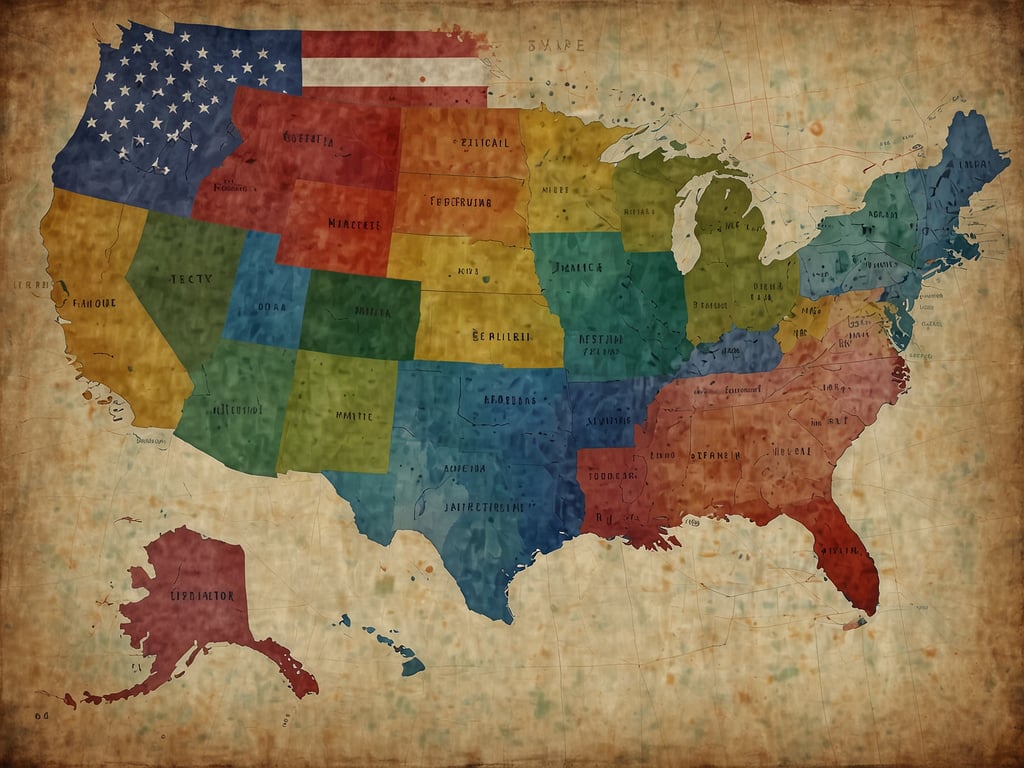 Auf dem Bild ist eine farbige politische Karte der USA zu sehen, die die Bundesstaaten in verschiedenen Farben darstellt. In der linken oberen Ecke ist die amerikanische Flagge abgebildet.

Die USA haben insgesamt sechs Zeitzonen: 

1. Eastern Standard Time (EST)
2. Central Standard Time (CST)
3. Mountain Standard Time (MST)
4. Pacific Standard Time (PST)
5. Alaska Standard Time (AKST)
6. Hawaii-Aleutian Standard Time (HAST)
