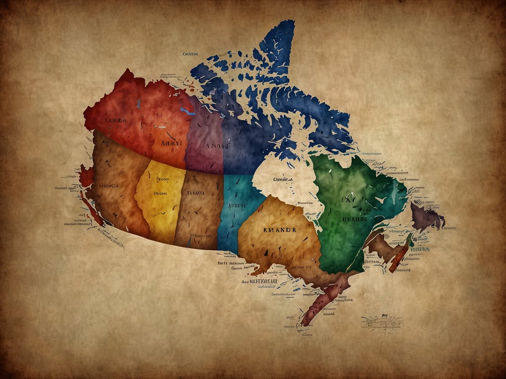 Auf dem Bild ist eine künstlerische Karte von Kanada zu sehen, die in verschiedene Regionen oder Provinzen unterteilt ist. Jede Region scheint eine andere Farbe zu haben, was die geografische Vielfalt des Landes darstellt.

Kanada hat insgesamt sechs Zeitzonen.