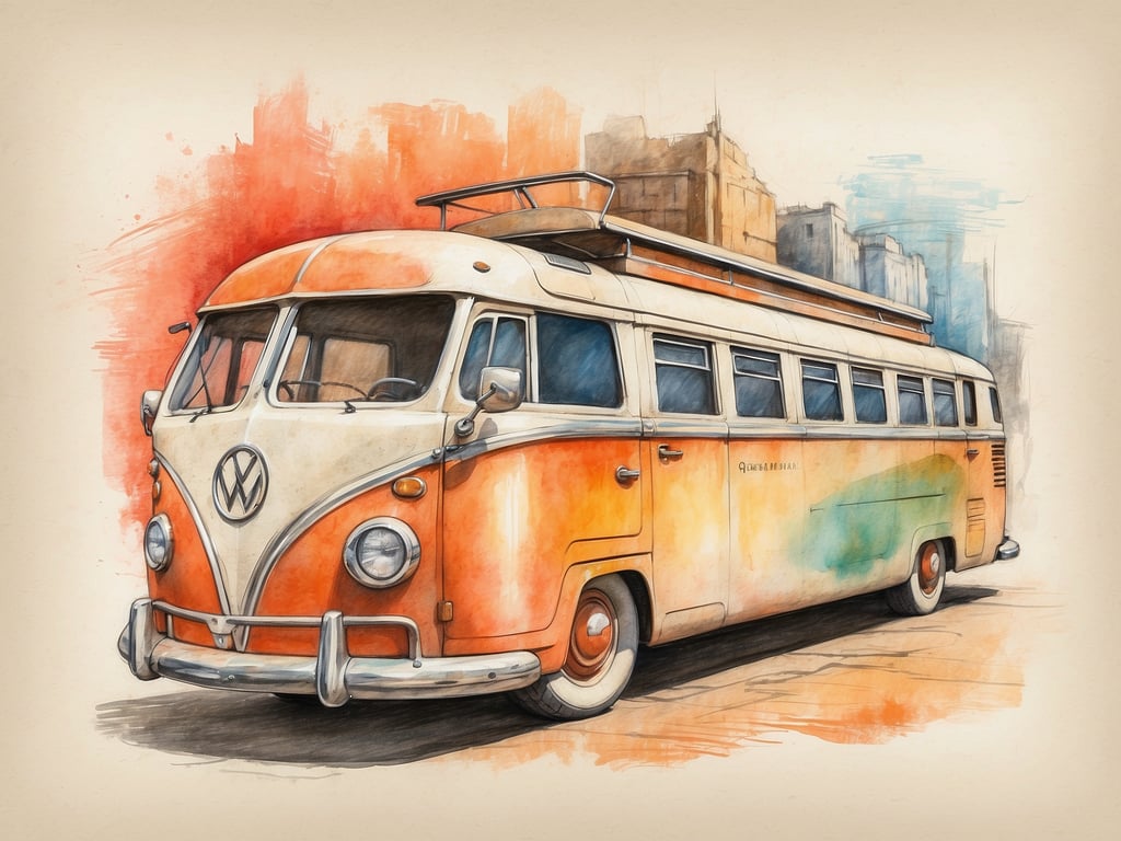 Auf dem Bild ist ein farbenfroher VW-Bus zu sehen, der im Vintage-Stil gehalten ist. 

Wie warm ist die Polnische Ostsee? Die Wassertemperaturen in der Polnischen Ostsee variieren im Jahr. Im Sommer liegen die Temperaturen in der Regel zwischen 18°C und 22°C, während sie im Frühling und Herbst kühler sind, oft unter 15°C. Im Winter kann das Wasser sogar unter 5°C fallen.