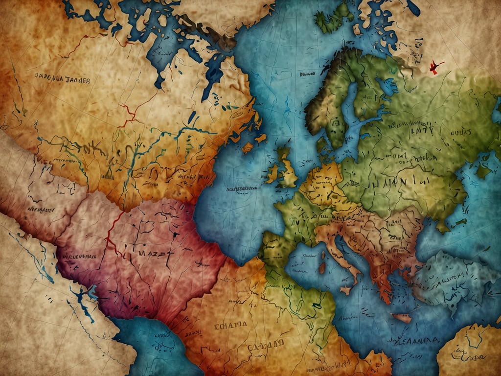 Auf dem Bild ist eine künstlerische Darstellung einer Landkarte zu sehen, die Teile von Europa und Nordamerika zeigt. Die Karte ist in verschiedene Farbtöne gegliedert und enthält Ortsnamen in unterschiedlichen Sprachen.

Wie weit ist Kanada von Deutschland entfernt? Die Entfernung zwischen Kanada und Deutschland variiert je nach den spezifischen Orten, liegt aber in der Regel zwischen 6.000 und 8.000 Kilometern.