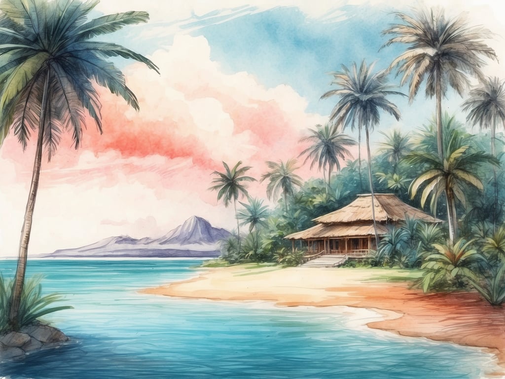 Auf dem Bild ist eine tropische Landschaft zu sehen, die von Palmen, einem Strand und einem ruhigen Wasserbereich geprägt ist. Im Hintergrund erkennt man eine bergige Landschaft und einen farbenfrohen Himmel. 

Wenn man fragt: 