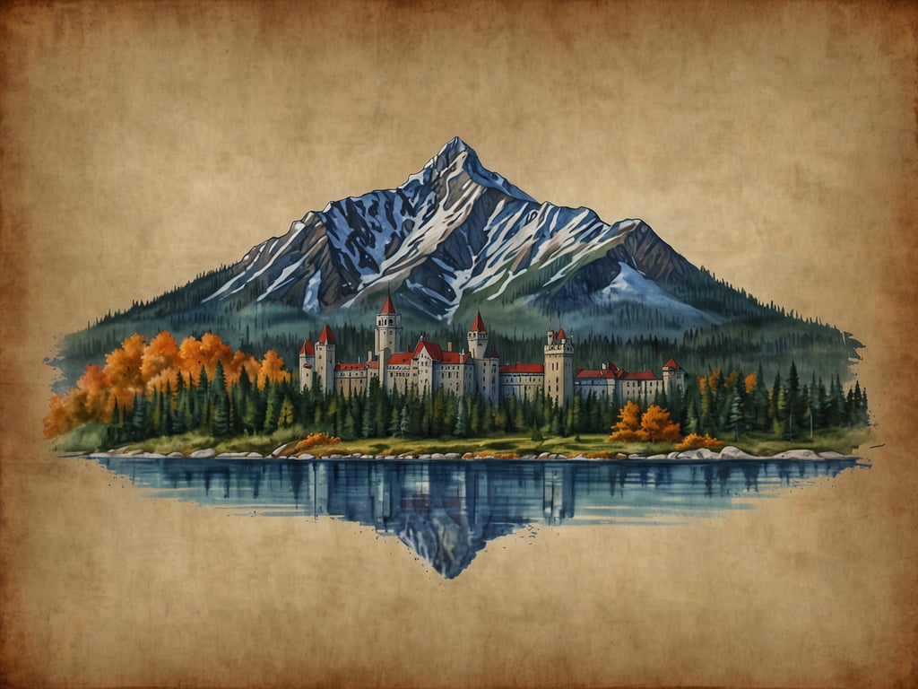 Auf dem Bild ist eine malerische Landschaft zu sehen, die einen majestätischen Berg im Hintergrund zeigt, umgeben von Wäldern und bunten Herbstbäumen. Im Vordergrund reflektiert ein ruhiger See die Szenerie. An einem Ufer erhebt sich ein beeindruckendes Schloss oder eine Burg mit Türmen und roten Dächern. Die gesamte Szene hat einen nostalgischen, illustrativen Stil.

Wie wird Kanada geschrieben? Kanada.