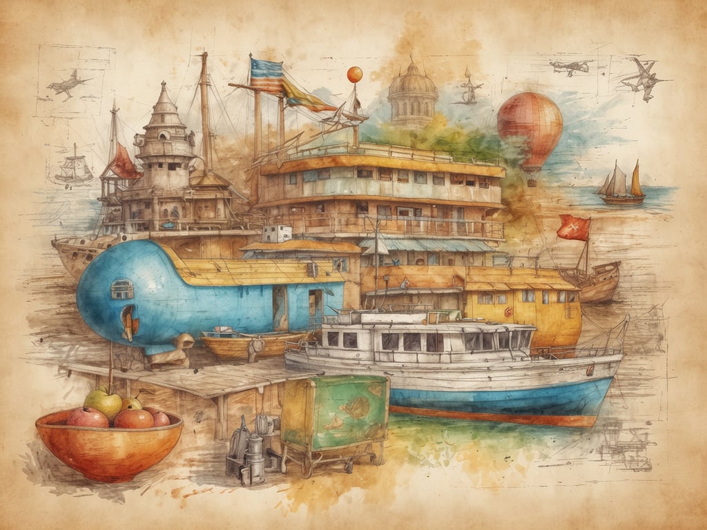 Das Bild zeigt eine farbenfrohe und künstlerisch gestaltete Hafenansicht mit verschiedenen Booten und einem einzigartigen, blauen Boot in Form eines Wals. Im Hintergrund sind historische und moderne Elemente wie ein Ballon, Dampfer und Flugzeuge zu sehen, die eine Mischung aus Vergangenheit und Gegenwart darstellen. Zudem ist eine Schale mit Äpfeln abgebildet, was dem Ganzen eine lebendige Note verleiht. Dieser Kontrast zwischen maritimen Motiven und alltäglichen Gegenständen vermittelt ein Gefühl von Nostalgie und Abenteuerlust, während es gleichzeitig die Vielfalt des Lebens am Wasser feiert.