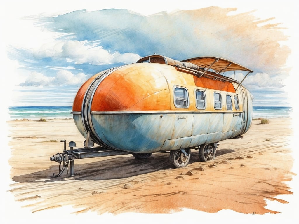Auf dem Bild ist ein bunter Wohnwagen zu sehen, der am Strand steht. Diese Szenerie lädt zu verschiedenen Aktivitäten ein, wie zum Beispiel:

1. **Camping**: Der Wohnwagen bietet eine gemütliche Unterkunft für einen Campingausflug am Meer.
2. **Strandpicknick**: Man könnte mit Freunden oder Familie ein Picknick direkt am Strand genießen.
3. **Wassersport**: In der Nähe könnte man schwimmen, surfen oder einfach am Strand spazieren gehen.
4. **Entspannung**: Die Umgebung lädt dazu ein, sich zu entspannen und die Natur zu genießen, vielleicht mit einem Buch oder beim Sonnenbaden.
5. **Feuerabende**: Ein Lagerfeuer am Abend könnte eine tolle Möglichkeit sein, den Tag ausklingen zu lassen. 

Die Kombination aus Wohnwagen und Strand schafft eine einladende Atmosphäre für zahlreiche Outdoor-Aktivitäten.