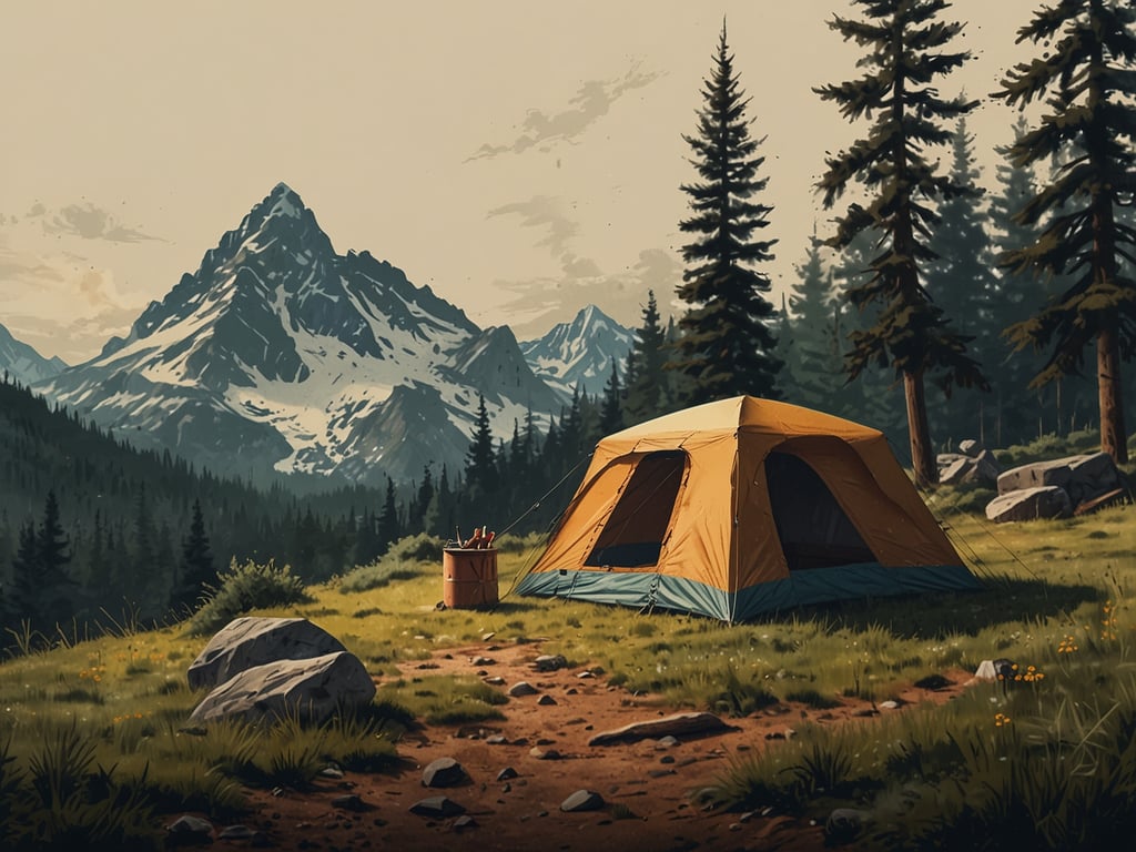 Auf dem Bild ist eine wunderschöne Aussicht beim Wildcampen zu sehen. Ein orangefarbenes Zelt steht in einer malerischen Landschaft, umgeben von hohen, grünen Bäumen und großen Felsen. Im Hintergrund erheben sich majestätische Berge, teilweise mit Schnee bedeckt. Die Szenerie strahlt Ruhe und Naturverbundenheit aus, ideal für ein Abenteuer in der Wildnis. Ein Eimer neben dem Zelt deutet darauf hin, dass hier campierende Personen aktiv sind.