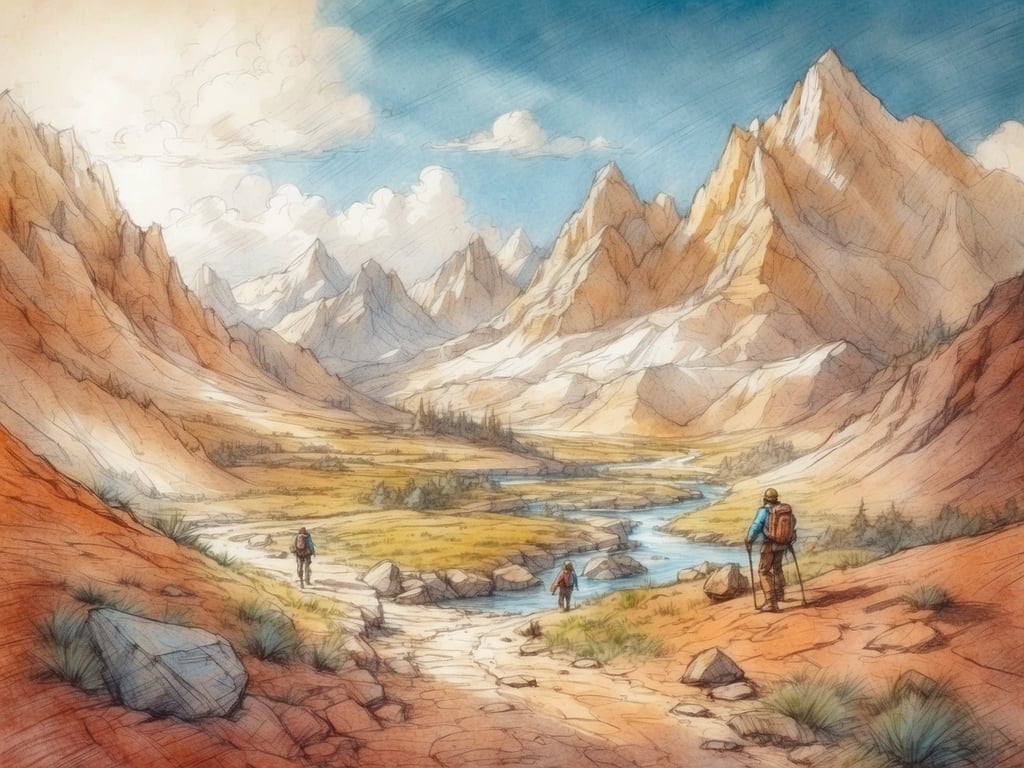 Auf dem Bild sind Wanderer zu sehen, die durch eine beeindruckende, unberührte Landschaft gehen. Diese deutsche Naturidylle zeigt majestätische Berge, die durch sanfte Hügel und einen klaren Fluss ergänzt werden. Die abenteuerliche Aktivität der Wanderung ermöglicht es den Menschen, die frische Luft und die Schönheit der Natur zu genießen. Zudem sehen wir, wie die Wanderer auf schmalen Wegen die beeindruckende Kulisse aus bunten Felsen und üppigem Grün erkunden, was auf ein großes Abenteuer in der Wildnis hinweist.