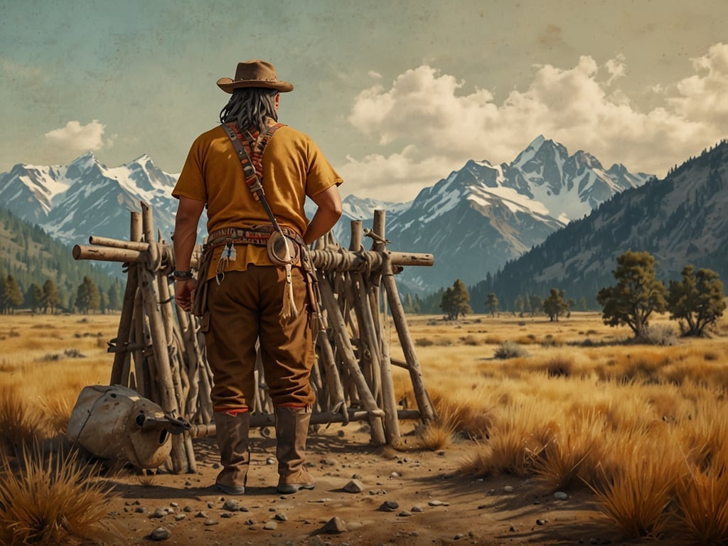 Auf dem Bild ist eine Person zu sehen, die in einer weiten, bergigen Landschaft steht, die an die Yukon-Region erinnert. Der Hintergrund zeigt majestätische Berge und ein weites Grasland, das typisch für diese Gegend ist. 

Die Yukon-Region hat eine reiche Kultur und Geschichte, die stark von den indigenen Völkern geprägt ist, wie den Gwich'in, Koyukon und Haudenosaunee. Diese Gemeinschaften haben seit Jahrtausenden in Harmonie mit der Natur gelebt und sich durch Jagd, Fischerei und Sammeln ernährt. Traditionelles Handwerk, Geschichten und spirituelle Praktiken spielen eine zentrale Rolle in ihrem Lebensstil.

Diese Verbindung zur Natur und die Nutzung lokaler Ressourcen sind auch in der Epoche des Klondike Goldrausches sichtbar geworden, als viele Menschen in die Region strömten und die Landschaft nachhaltig veränderten. Heute ist die Kultur der indigenen Völker ein wichtiger Teil des Erbes und der Identität Yukons.