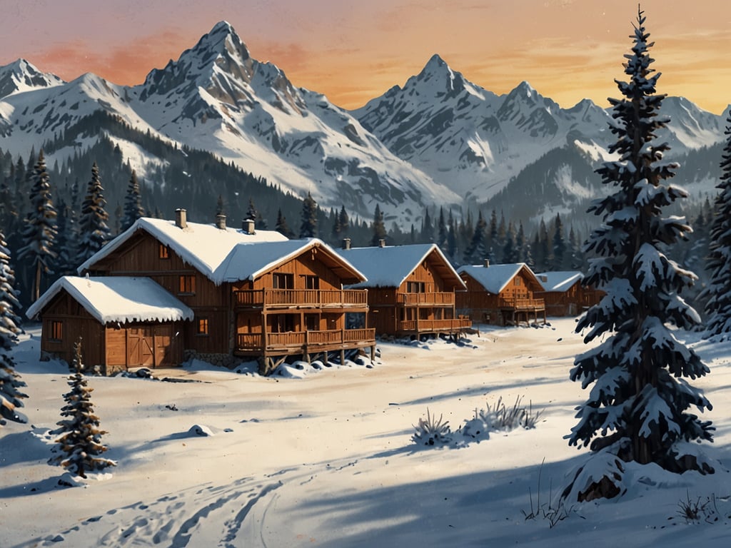 Auf dem Bild sind gemütliche Holzchalets in einer verschneiten Landschaft zu sehen, umgeben von hohen, schneebedeckten Bergen und Nadelbäumen. Die Szene vermittelt eine ruhige Winteratmosphäre, ideal für einen Winterurlaub in den Bergen. Die sanfte Beleuchtung und der Schnee schaffen eine idyllische Urlaubsstimmung.