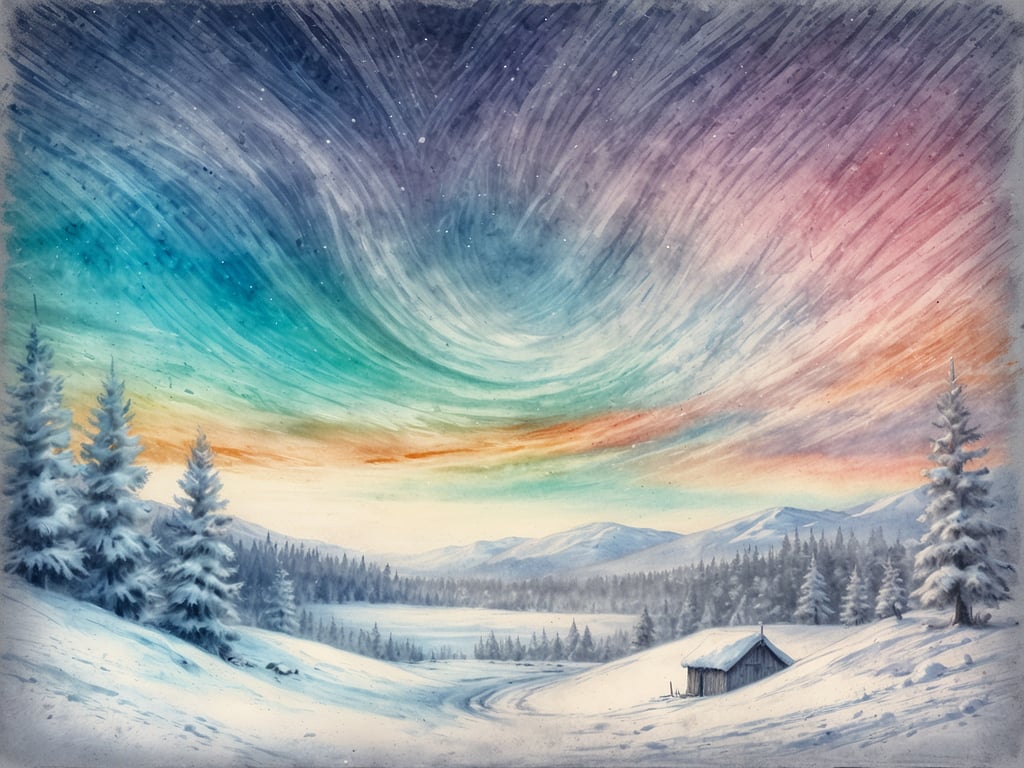 Auf dem Bild ist eine idyllische Winterlandschaft im Stil von 