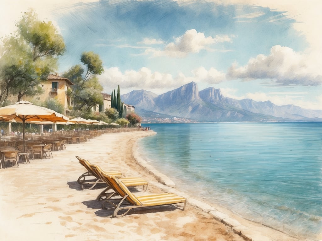 Auf dem Bild ist eine malerische Küstenlandschaft am Gardasee zu sehen. Es gibt einen sandy Strand, Liegestühle und Sonnenschirme, mit einem Blick auf die Berge im Hintergrund.

Am Gardasee gibt es mehrere Orte mit Sandstränden, darunter:

1. **Sirmione** - Bekannt für seine schönen Sandstrände und Thermalquellen.
2. **Peschiera del Garda** - Bietet einen langen, flachen Sandstrand ideal für Familien.
3. **Lazise** - Hat einige sandige Abschnitte entlang der Uferpromenade.
4. **Garda** - Hier finden sich ebenfalls Sandstrände, die zum Entspannen einladen. 

Diese Orte sind ideal, um die Sonne und das Wasser zu genießen!