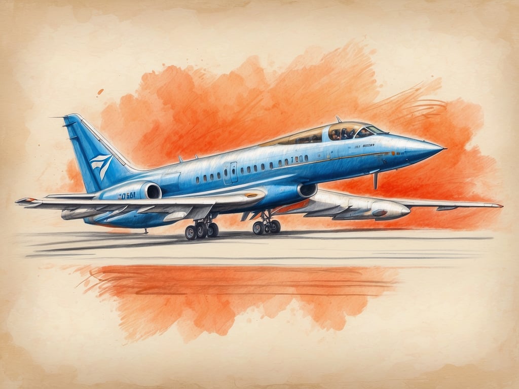 Auf dem Bild ist ein stilisierter Flugzeugentwurf zu sehen, der eindrucksvoll in sanften Farbnuancen dargestellt ist. Der elegante Farbton des Flugzeugs in Blau und Weiß vermittelt ein Gefühl von Modernität und Stil. 

Das Bild strahlt eine Atmosphäre von Komfort und luxuriösem Reisen aus, die an die Leichtigkeit und Bequemlichkeit an Bord erinnert. Die geschwungenen Linien des Flugzeugdesigns symbolisieren Geschwindigkeit und Eleganz, während die künstlerische Darstellung dem Ganzen eine besondere Note verleiht.