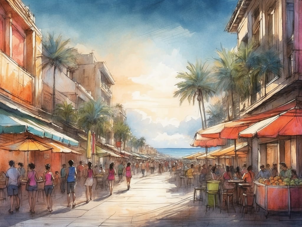 Auf dem Bild ist eine belebte Straße mit schattenspendenden Palmen und Terrassen zu sehen. Menschen schlendern entlang der Geschäfte und Cafés, und es gibt Tische, an denen Gäste sitzen. Der Hintergrund zeigt das Meer und einen sonnigen Himmel.

Am Gardasee ist es vor allem in Orten wie Sirmione, Riva del Garda und Bardolino am meisten los. Dort finden viele Touristenaktivitäten, Restaurants und Veranstaltungen statt, was sie besonders lebhaft macht.