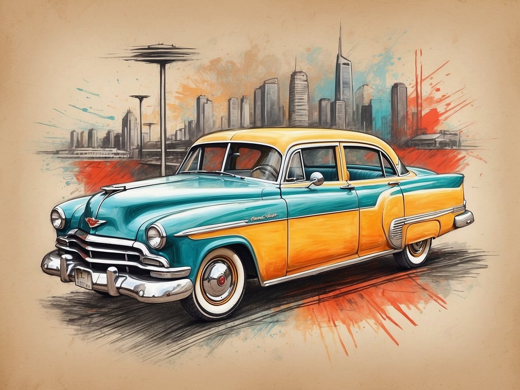 Auf dem Bild ist ein farbenfrohes, klassisches Auto zu sehen, das im Stil der 1950er Jahre gestaltet ist. Es hat eine auffällige Kombination aus Türkis und Gelb. Im Hintergrund erkennen wir eine städtische Skyline, die an eine Metropole erinnert. 

Wo ist in Berlin was los? In Berlin gibt es verschiedene Veranstaltungen und Orte, die sich mit Oldtimern und Autos beschäftigen, wie zum Beispiel das 