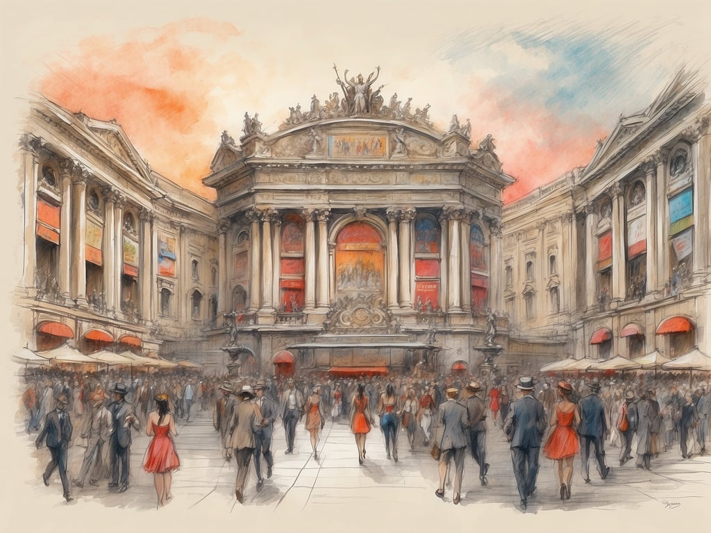 Auf dem Bild ist eine lebhafte Szene in einer historischen Stadtarchitektur zu sehen, die wahrscheinlich an einem wichtigen Platz in München spielt. In der Mitte des Bildes ragt ein prachtvolles Gebäude mit einer beeindruckenden Fassade empor, umgeben von Menschen, die in schicker Kleidung umherlaufen. Überall sind Tische mit Sonnenschirmen, die auf die Möglichkeit deuten, eine Pause bei einem Kaffee oder einem Snack einzulegen. 

Wo ist was los in München? An einem solchen Platz könnte es zahlreiche kulturelle Veranstaltungen, Straßenfeste oder Aufführungen geben, die die Menschen in dieser geschäftigen Atmosphäre anziehen. Es scheint ein Ort der Begegnung und Geselligkeit zu sein, ideal für einen schönen Tag in der Stadt.