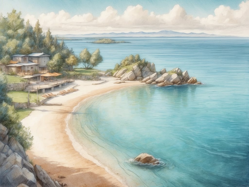 Auf dem Bild sieht man eine malerische Küstenlandschaft mit einem Sandstrand, klarem Wasser und einigen Felsen im Wasser. Es gibt auch eine kleine Holzterrasse und Liegen am Strand.

Am Gardasee gibt es viele schöne Orte zum Baden. Besonders empfehlenswert sind die Strände von Peschiera del Garda und Lazise, die sich durch feinen Sand und flaches Wasser auszeichnen. Auch der Strand von Torbole ist beliebt, ideal für Wassersportarten.