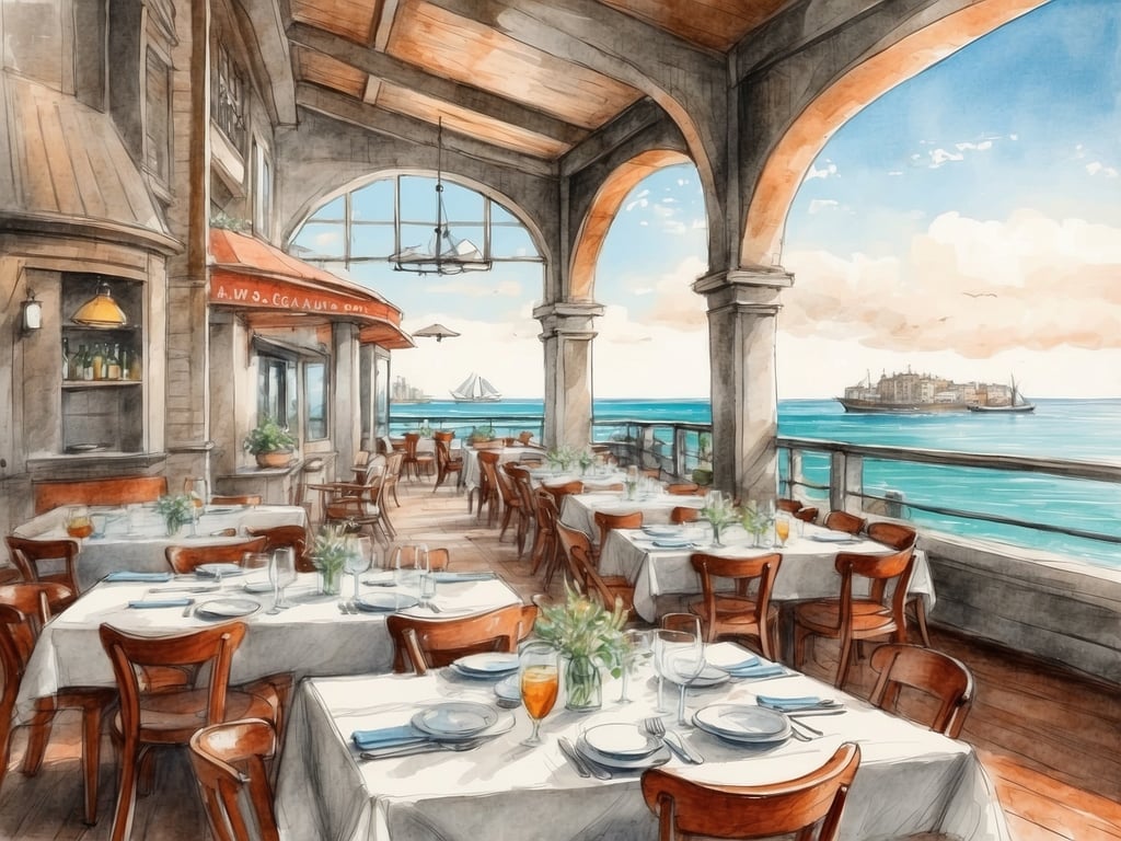 Auf dem Bild ist ein stilvolles Restaurant mit Blick auf das Wasser zu sehen. Es sind Tische für Gäste gedeckt, und die Atmosphäre wirkt einladend und elegant. 

Für gutes Essen in Grömitz empfehle ich Lokalitäten wie das „Strandhaus“, das frische Meeresfrüchte und regionale Küche bietet, oder das „Altes Rathaus“, bekannt für seine gemütliche Atmosphäre und leckere Gerichte.