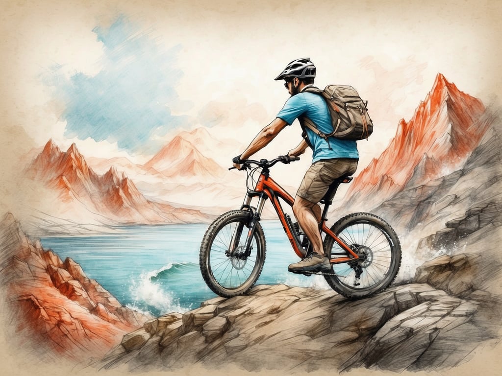 Auf dem Bild ist ein Mountainbiker zu sehen, der auf einem Felsen steht und auf einen malerischen See mit Bergen im Hintergrund blickt. 

Wenn du nach Orten suchst, wo man Mountainbike-Urlaub am Meer gut machen kann, sind einige empfehlenswerte Ziele:

1. **Mallorca, Spanien** - Die Insel bietet zahlreiche Trails entlang der Küste und durch die Berge.
2. **Korsika, Frankreich** - Hier kannst du atemberaubende Küstenblicke genießen und gleichzeitig anspruchsvolle Strecken fahren.
3. **Adriatische Küste, Kroatien** - Die Kombination aus hügeligen Landschaften und Meer lädt zum Radfahren ein.
4. **Zypern** - Neben schönen Stränden gibt es auch abwechslungsreiche Trails im Landesinneren.
5. **Kalifornien, USA** - Regionen wie Santa Cruz bieten schöne Küstenwege und Mountainbike-Strecken.

Diese Orte sind ideal für eine Kombination aus Strandurlaub und Mountainbiking!