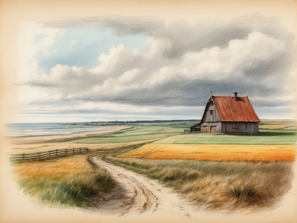 Auf dem Bild ist eine ländliche Landschaft zu sehen, die ein einzelnes, rustikales Holzhaus mit einem roten Dach zeigt. Das Haus steht in einem weiten Feld, umgeben von Wiesen und Feldern, und im Hintergrund ist das Meer sichtbar. Der Himmel ist mit Wolken bedeckt, was eine ruhige, aber etwas dramatische Atmosphäre schafft.

Bremen liegt im Nordwesten von Deutschland, an der Weser, und ist von mehreren anderen Städten umgeben, darunter Hamburg und Oldenburg. Es ist bekannt für seine historische Altstadt und den Bremer Roland.
