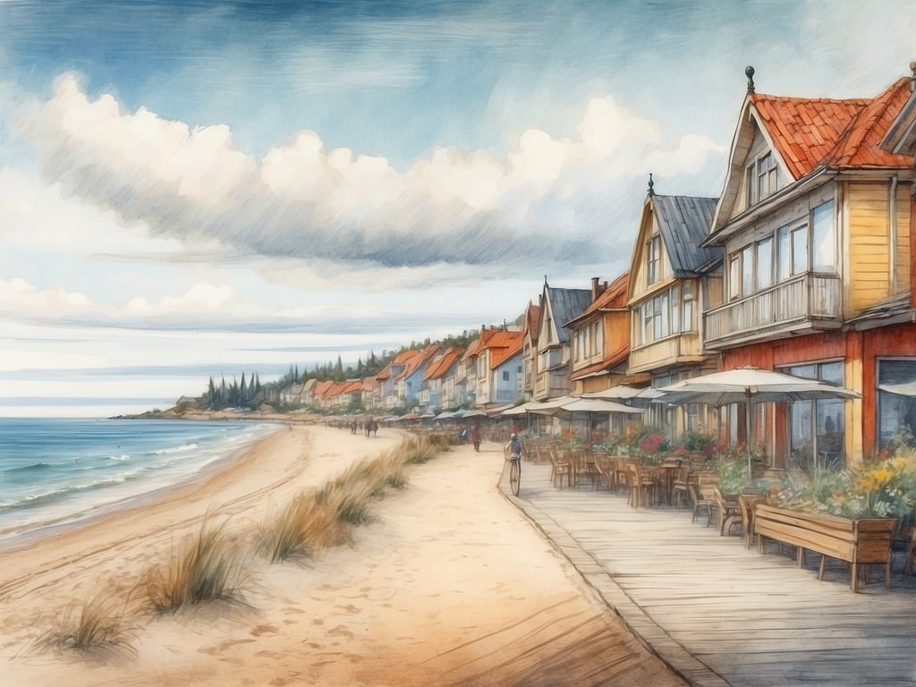 Auf dem Bild ist eine Strandpromenade mit einem feinen Sandstrand zu sehen. Im Hintergrund sind bunte Häuser mit Satteldächern, die an der Küste stehen, und es gibt einige Menschen, die spazieren gehen oder sitzen. 

Grömitz liegt an der Ostseeküste in Schleswig-Holstein, Deutschland. Es ist bekannt für seine Strände, die Promenade und die touristischen Aktivitäten.