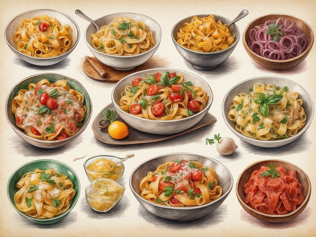 Auf dem Bild sind verschiedene Nudelgerichte zu sehen, die die kulinarische Vielfalt Roms repräsentieren. Die Teller sind mit unterschiedlichen Pasta-Variationen und Saucen angerichtet. Einige der auffälligen Gerichte beinhalten frische Tomaten, Kräuter, und cremige Saucen, die typisch für die italienische Küche sind. Diese Vielfalt zeigt die leckeren Aspekte der römischen Gastronomie, die von der einfachen Pasta bis zu komplexeren Gerichten reicht. Die Verwendung frischer Zutaten und aromatischer Kräuter ist ein zentraler Bestandteil dieser traditionellen Küche.
