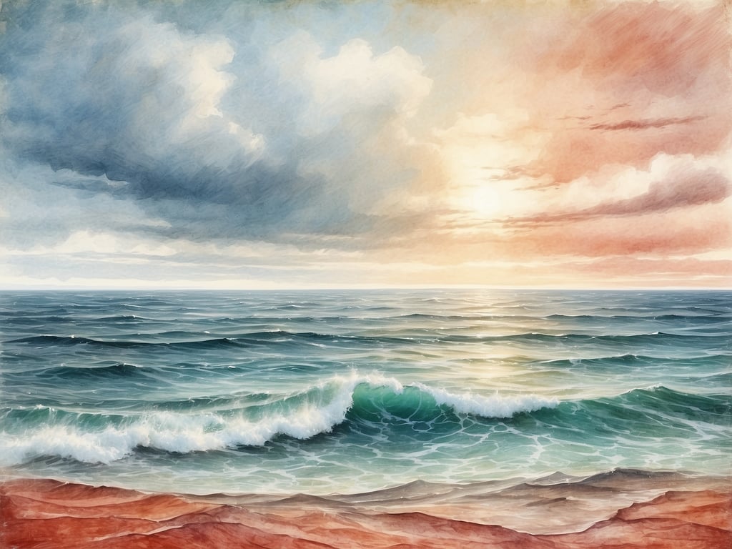 Auf dem Bild ist eine idyllische Landschaft mit einem Meer, sanften Wellen und einem Himmel voller Wolken und Farben zu sehen. Die Szenerie strahlt eine ruhige Atmosphäre aus und könnte an einen Küstenabschnitt erinnern. 

Wo treffen Nordsee und Ostsee zusammen? An der deutschen Küste, insbesondere bei der Halbinsel Schleswig-Holstein, wo sich beide Gewässer im Kategat und dem Skagerrak begegnen.