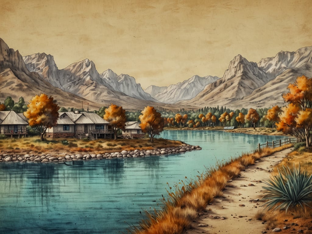 Auf dem Bild ist eine malerische Landschaft zu sehen, die für eine Wochenendreise ideal ist. Im Vordergrund gibt es einen ruhigen Fluss, der von einem schmalen Weg gesäumt wird. An beiden Ufern wachsen Bäume mit herbstlichen Farben. Im Hintergrund erheben sich beeindruckende Berge, die die Szenerie umrahmen. Die Hütten am Ufer strahlen eine gemütliche Atmosphäre aus, perfekt für ein entspanntes Wochenende in der Natur.