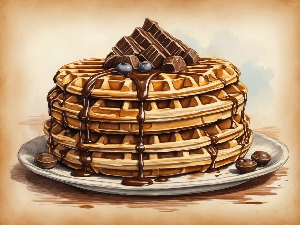 Auf dem Bild sind gestapelte Waffeln zu sehen, die mit Schokolade und Blaubeeren dekoriert sind. Belgien ist bekannt für seine köstlichen Waffeln, die in verschiedenen Varianten wie Brüsseler und Lütticher Waffeln serviert werden. Zudem ist Belgien berühmt für seine Schokolade, Bier und die prächtigen Plätze und Architektur in Städten wie Brüssel und Brügge.