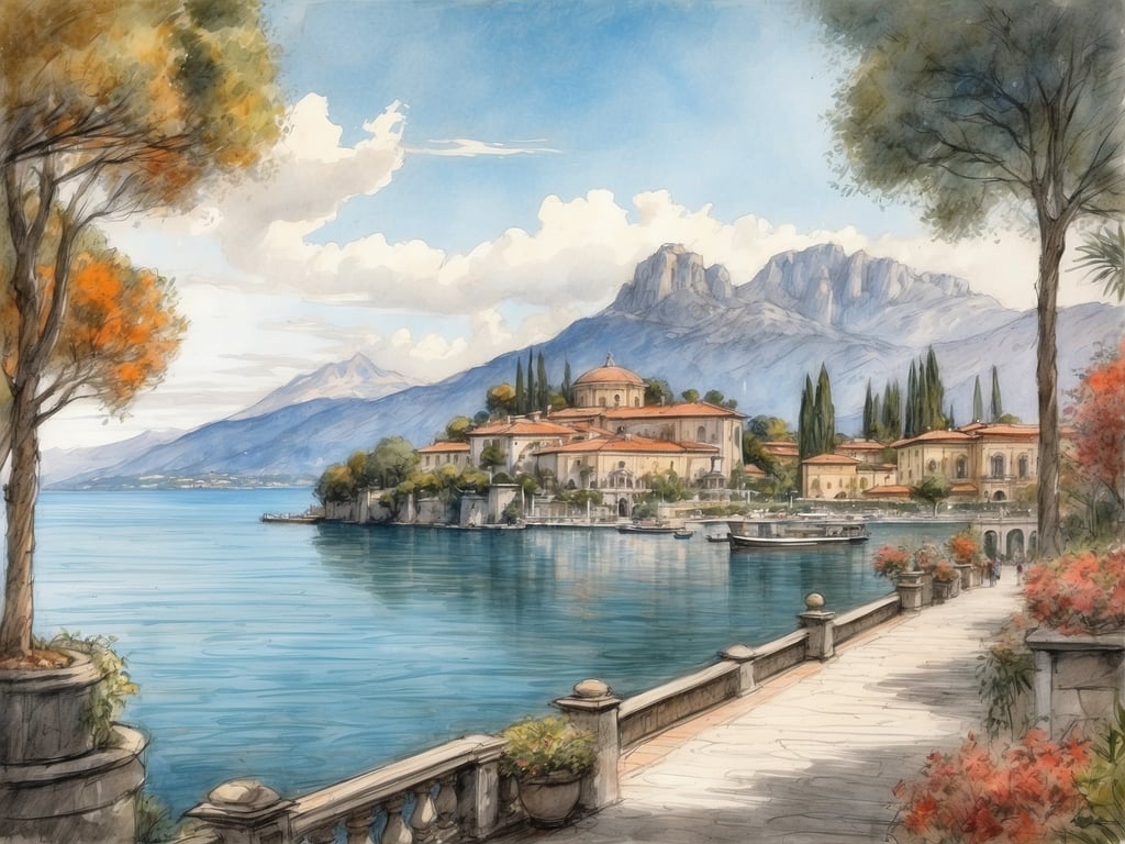 Auf dem Bild ist eine malerische Landschaft am Lago Maggiore zu sehen. Im Vordergrund verläuft ein malerischer Spazierweg entlang des Wassers, gesäumt von Bäumen und Blumen. Im Hintergrund erheben sich majestätische Berge, während sich idyllische Gebäude mit traditionellen Architekturen am Ufer befinden. Das helle, klare Wasser reflektiert die Landschaft, und die Wolken am Himmel verleihen dem Bild eine friedliche Atmosphäre. Wohin am Lago Maggiore? Diese Szenerie lädt zweifellos zu einem entspannten Spaziergang am Ufer ein.
