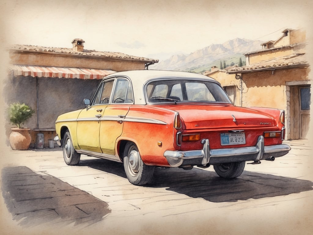 Auf dem Bild ist ein farbenfrohes Auto zu sehen, das vor einem rustikalen Gebäude parkt. Es hat eine rote und gelbe Lackierung und steht auf einem gepflasterten Hof, umgeben von mediterranen Elementen. 

Für eine Autofahrt in Italien könnte man diese Szene nutzen, um sich zu fragen: Wohin mit dem Auto in Italien? Beliebte Ziele sind die malerischen Küstenstraßen der Amalfiküste, die Weinregion Chianti oder die historischen Städte wie Florenz und Rom.